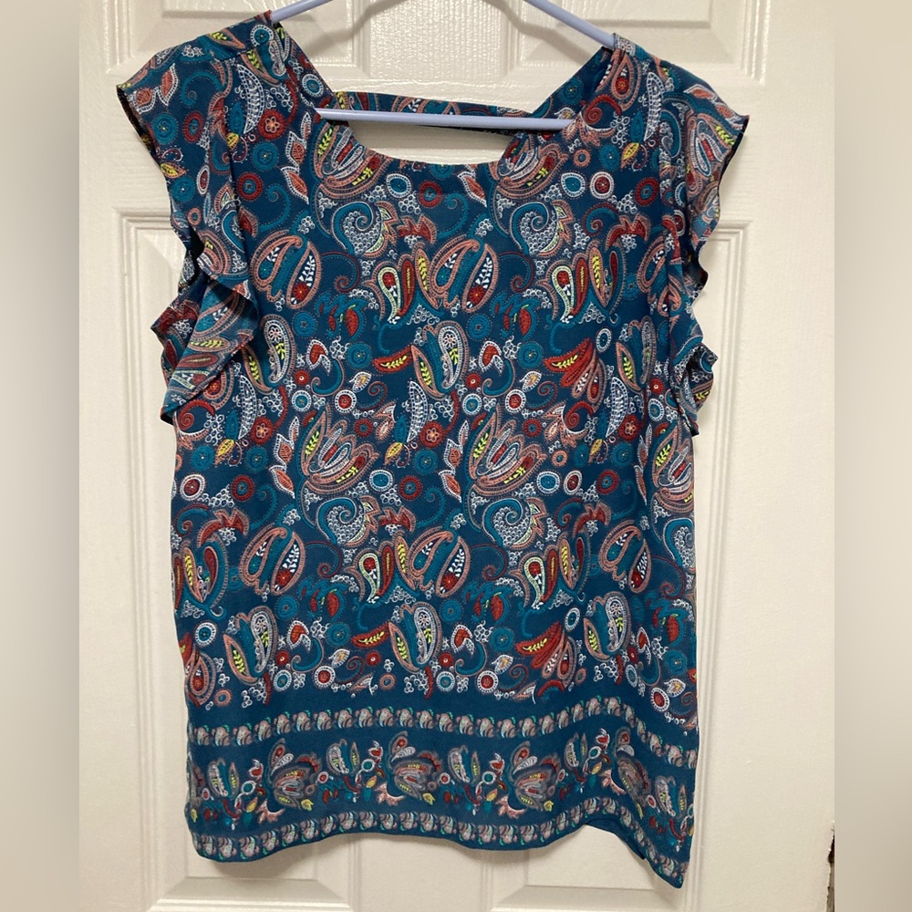 •Loft Teal Blue Paisley Print Scoop Neck Flutter Short Sleeve Small Blouse #LB